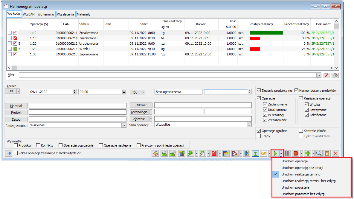 Opcje do uruchamiania operacji w oknie Harmonogram operacji