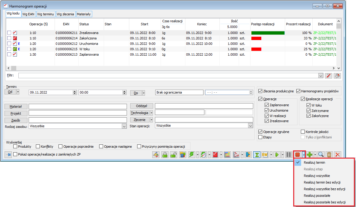 Opcje do realizowania operacji w oknie Harmonogram operacji