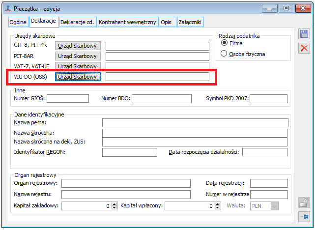 Pieczątka firmy, zakładka Deklaracje, pole VIU-DO (OSS)