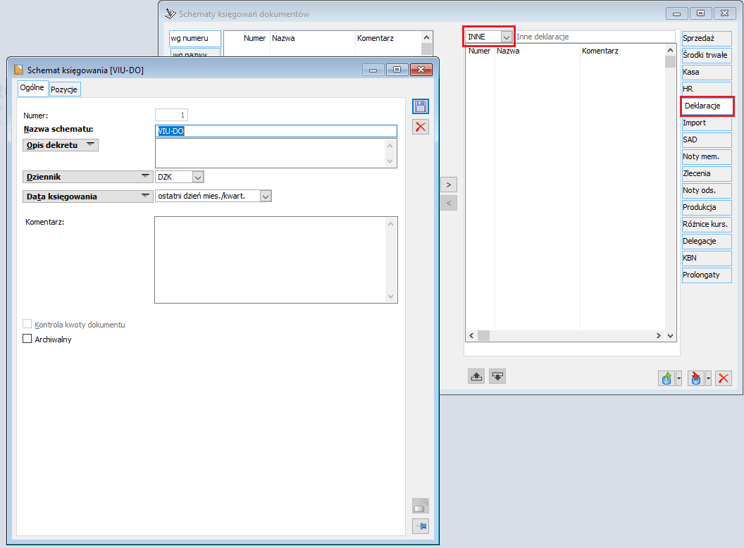 Formularz schematu księgowań, zakładka Ogólne, dodany z poziomu okno Schematy księgowań dokumentów, zakładki Deklaracje