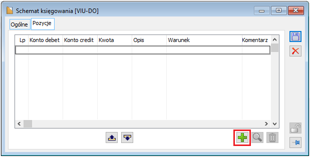 Formularz schematu księgowań, zakładka Pozycje, dodany z poziomu okno Schematy księgowań dokumentów, zakładki Deklaracje