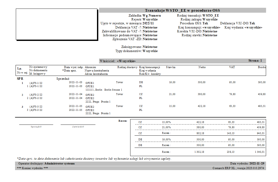 Wydruk udostępniony z poziomu rejestru VAT Sprzedaż, zakładki Wg numeru, z poziomu menu Transakcje WSTO_EE w procedurze OSS