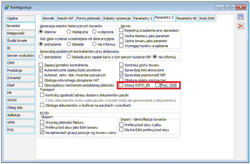 Konfiguracja, zakładka Sprzedaż/Parametry 2, parametr Stosuj WSTO_EE