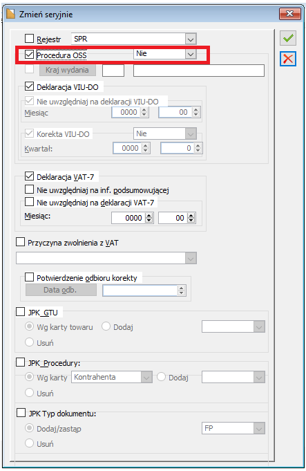 Okno Zmień seryjnie, udostępnione z poziomu rejestrów VAT, włączony parametr „Stosuj WSTO_EE”, Procedura OSS: Nie