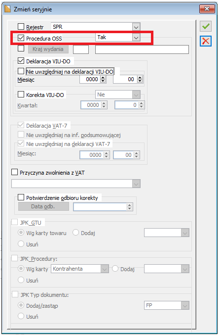 Okno Zmień seryjnie, udostępnione z poziomu rejestrów VAT, włączony parametr „Stosuj WSTO_EE”, Procedura OSS: Tak