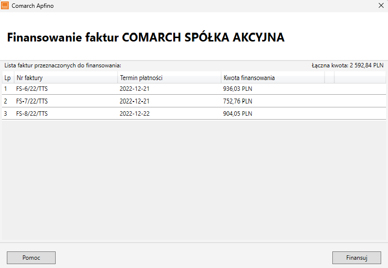 Lista faktur do finansowania