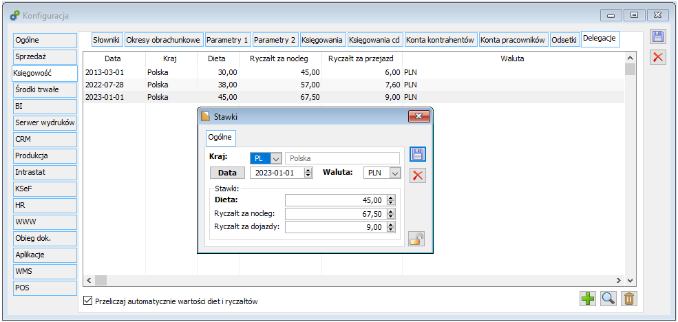 Konfiguracja, zakładka Delegacje – nowe stawki diet i ryczałtów