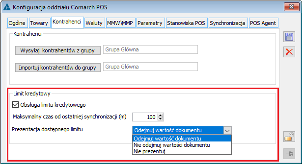 Ustawienie obsługi limitu kredytowego na oknie konfiguracji oddziału Comarch POS