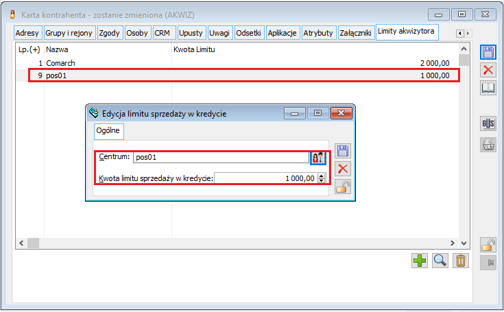 Lista limitów akwizytora na karcie kontrahenta