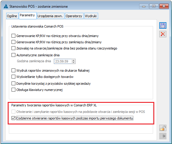 Parametry tworzenia raportów kasowych