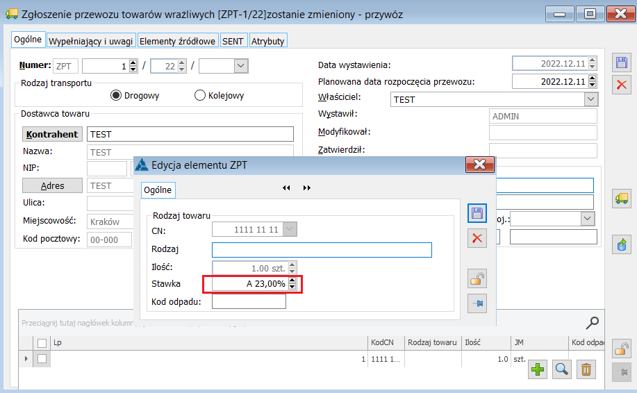 Stawka kraju instalacji na kategorii celnej na elemencie SENT