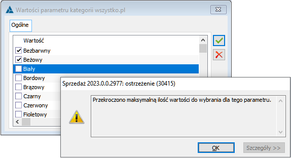 Komunikat informujący o przekroczeniu dopuszczalnej liczny wartości dla parametru