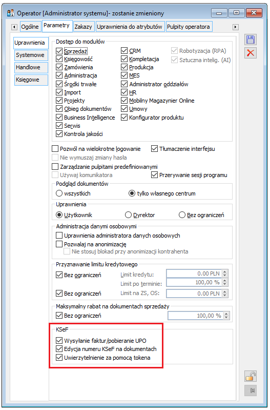 Prawa w zakresie KSeF na karcie Operatora