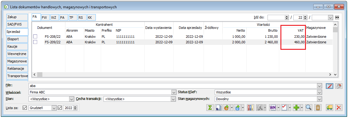 Kolumna [VAT] na liście faktur sprzedaży