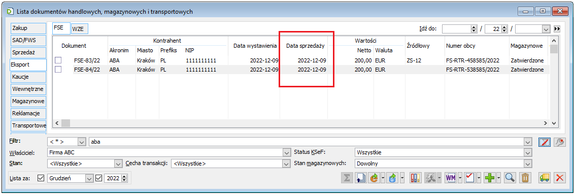 Data sprzedaży na liście FSE