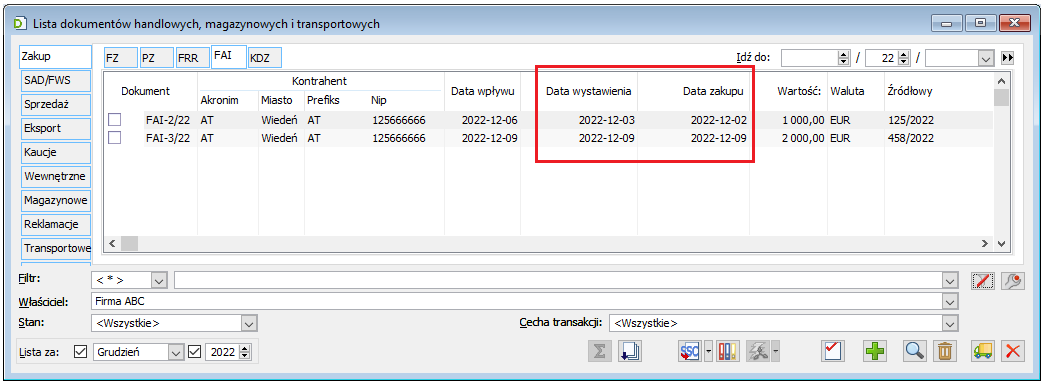 Data wystawienia i zakupu na liście FAI