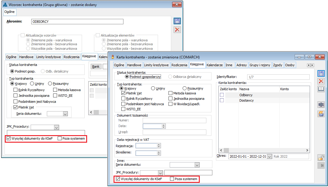 Parametry KSeF na wzorcu i karcie kontrahenta