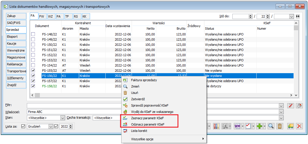 Seryjna zmiana parametru Wyślij do KSeF opcją w menu kontekstowym