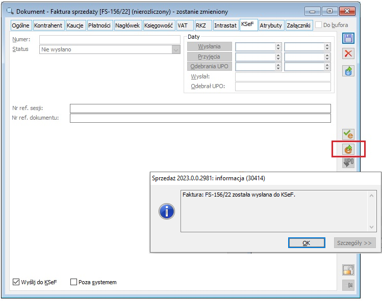 Operacja wysłania dokumentu do KSeF dokonywana z jego formatki