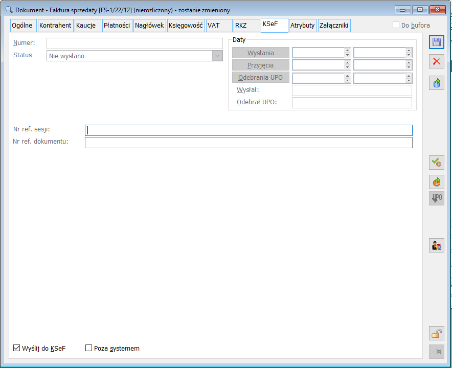 Faktura sprzedaży, zakładka: KSeF. 