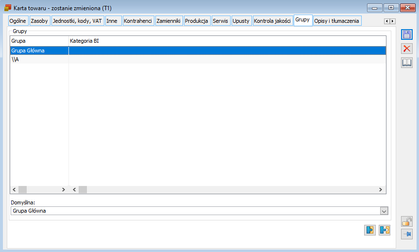 Karta towaru, zakładka: Grupy.
