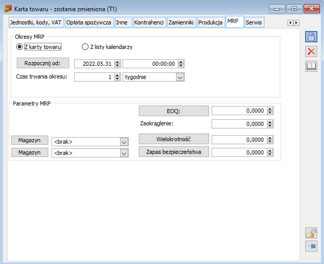 Karta towaru, zakładka: MRP.