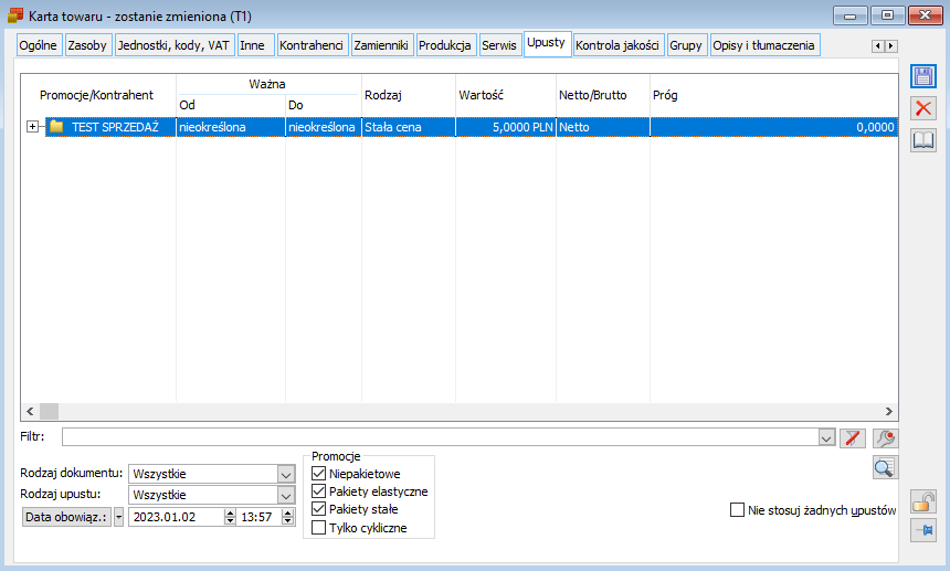 Karta towaru, zakładka: Upusty.