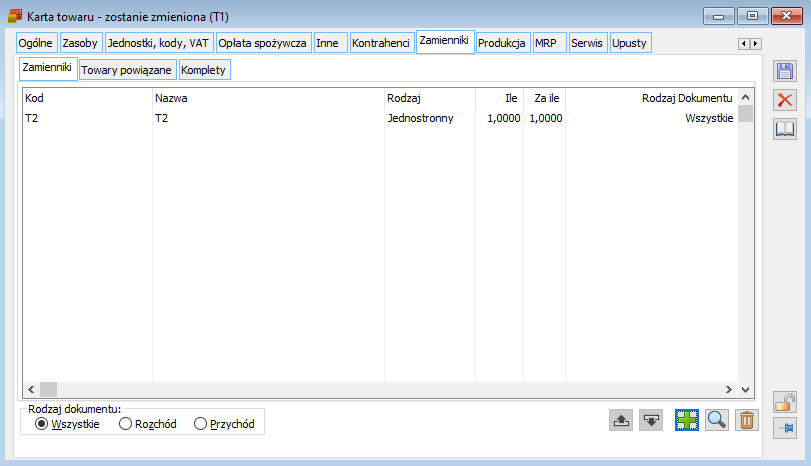 Karta towaru, zakładka: Zamienniki.