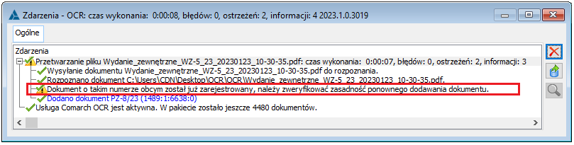 Ostrzeżenie podczas wczytywania dokumentu o numerze już zarejestrowanym w Systemie