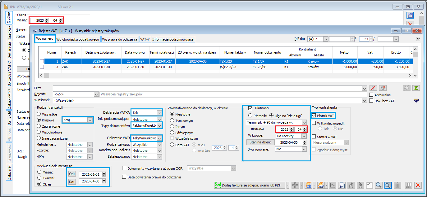 Rejestr zakupu VAT – predefiniowane filtry dla opcji „Do wygenerowania K. Pierwotne”