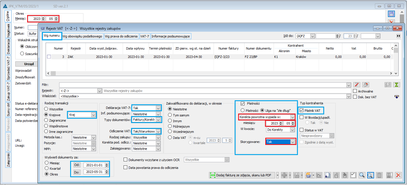 Rejestr zakup VAT – predefiniowane filtry dla opcji „Wygenerowano K. Powrotne”