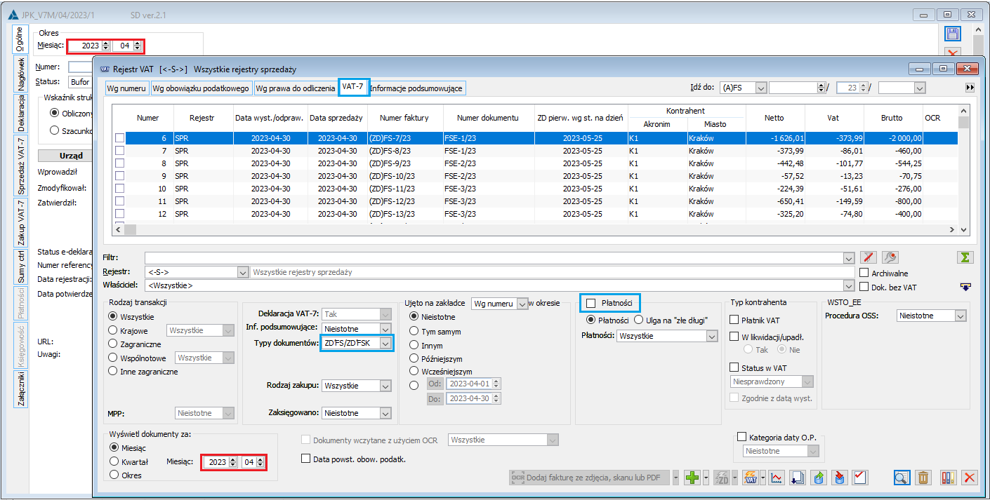 Rejestr sprzedaży VAT – predefiniowane filtry dla opcji „ZD’FS/ZD’FSK”