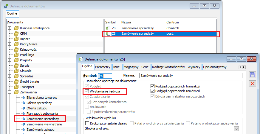 Ustawienia dostępności dokumentów ZS w centrum Comarch POS