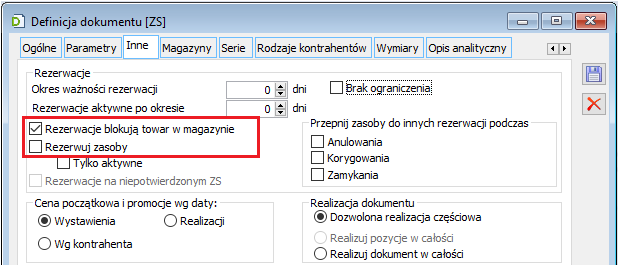 Parametry rezerwacji na definicji dokumentu ZS