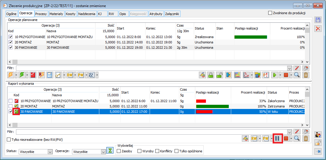 Przycisk do dodawania pauzy (zatrzymania operacji) w oknie Zlecenie produkcyjne, na zakładce Operacje