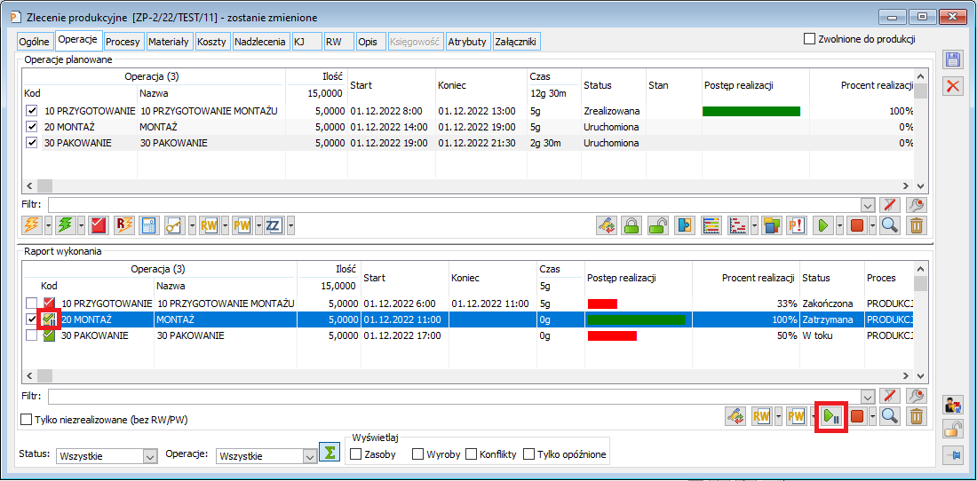 Przycisk do kończenia pauzy (wznawiania operacji) w oknie Zlecenie produkcyjne, na zakładce Operacje