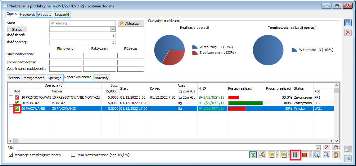 Przycisk do dodawania pauzy (zatrzymania operacji) w oknie Nadzlecenie produkcyjne, na zakładce Raport wykonania