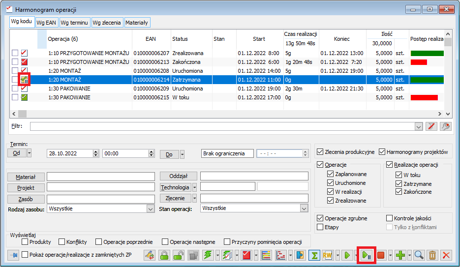 Przycisk do kończenia pauzy (wznawiania operacji) w oknie Harmonogram operacji
