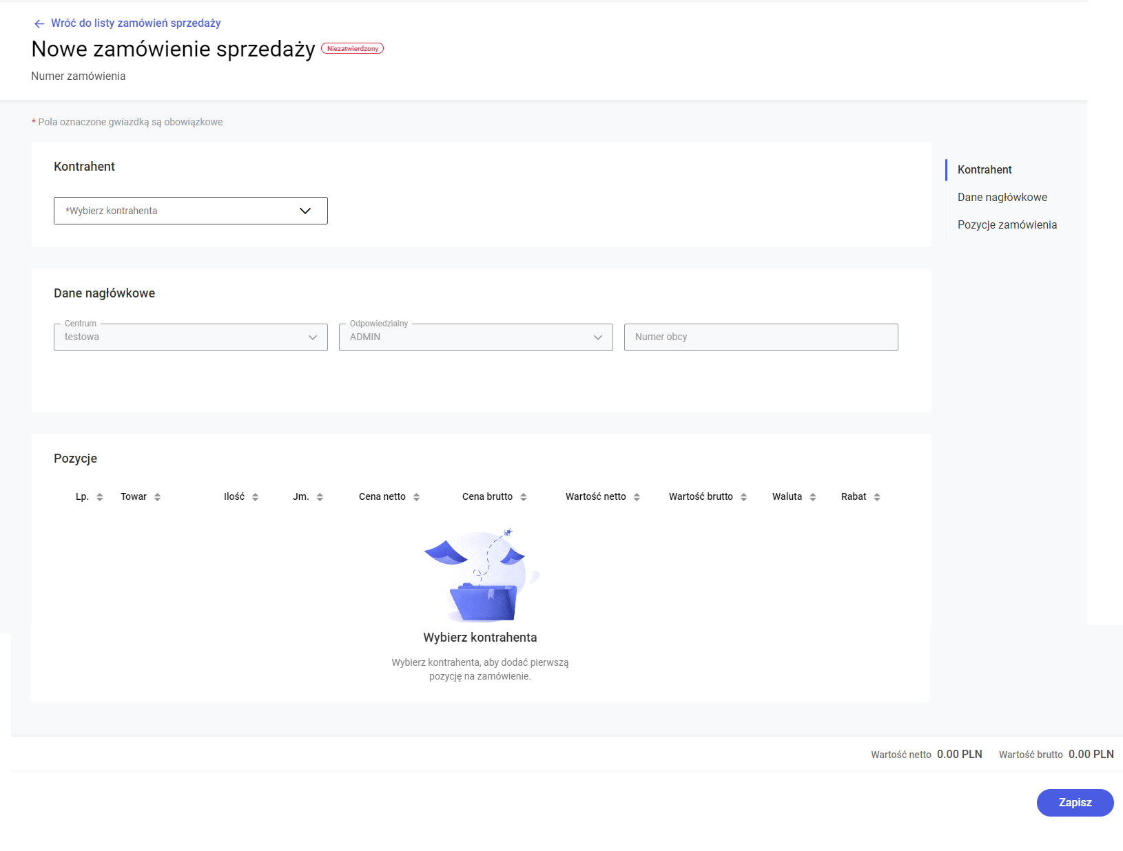 Formularz nowo dodawanego zamówienia sprzedaży