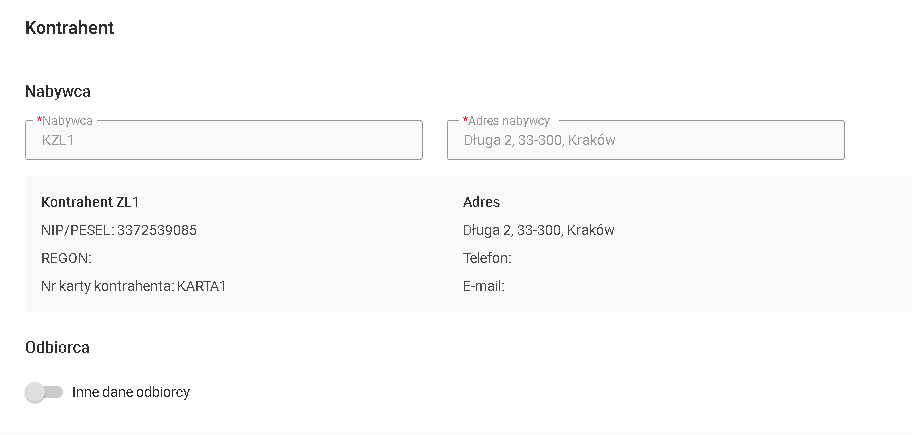 Identyczne dane Nabywcy i Odbiorcy na zamówieniu