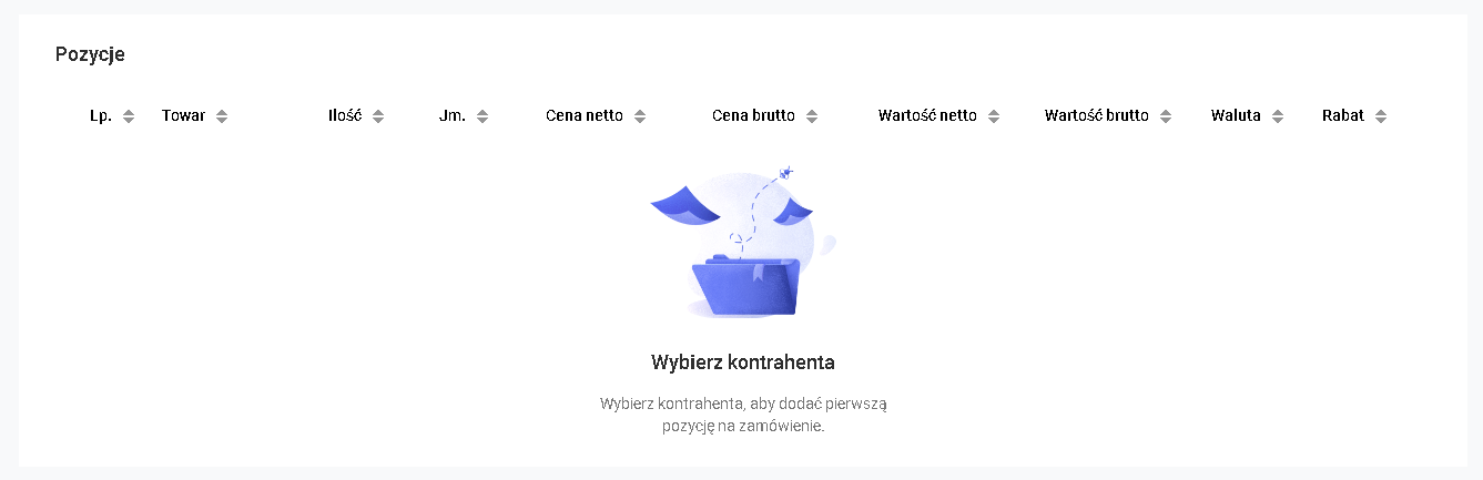 Sekcja Pozycje przed wybraniem kontrahenta