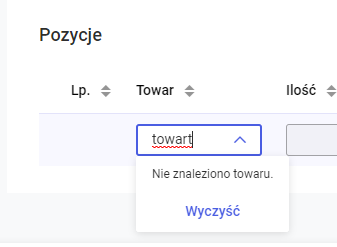 Brak na liście towaru o wprowadzonej wartości