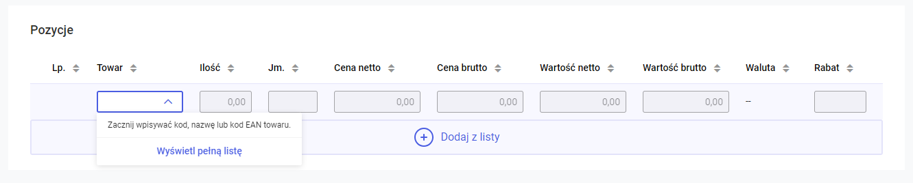 Wyświetlenie listy towarów z poziomu kontrolki do dodawania pozycji