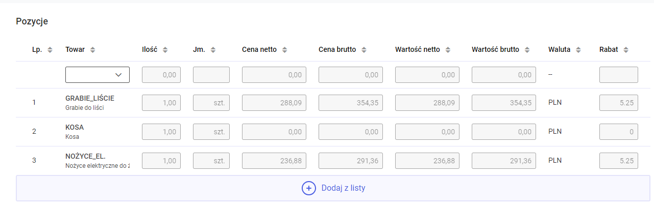 Przycisk Dodaj z listy pod listą pozycji zamówienia