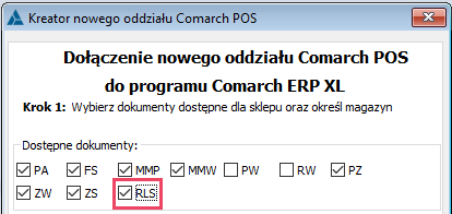 Ustalanie typów dokumentów podczas kreacji oddziału Comarch POS