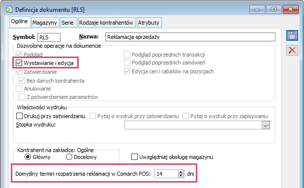 Definicja dokumentu RLS pod kątem jego obsługi w Comarch POS
