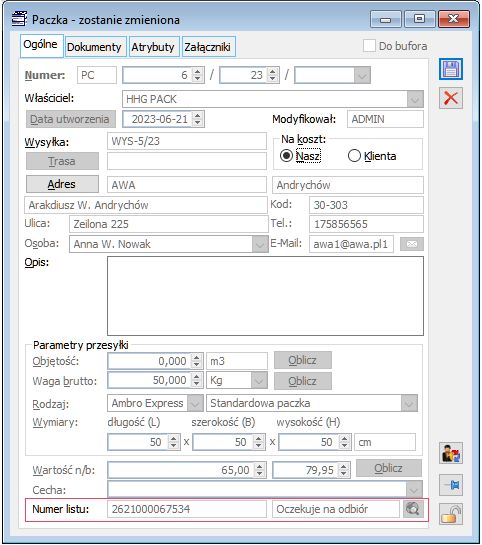 Numer listu i status przesyłki z Comarch Shipping na paczce w XL