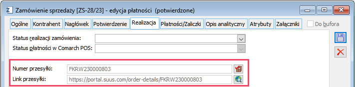 Informacja na ZS o numerze i linku przesyłki pobranych z paczki