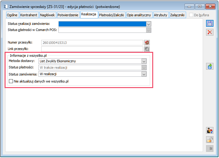Informacje z wszystko.pl na zakładce [Realizacja] zamówienia sprzedaży
