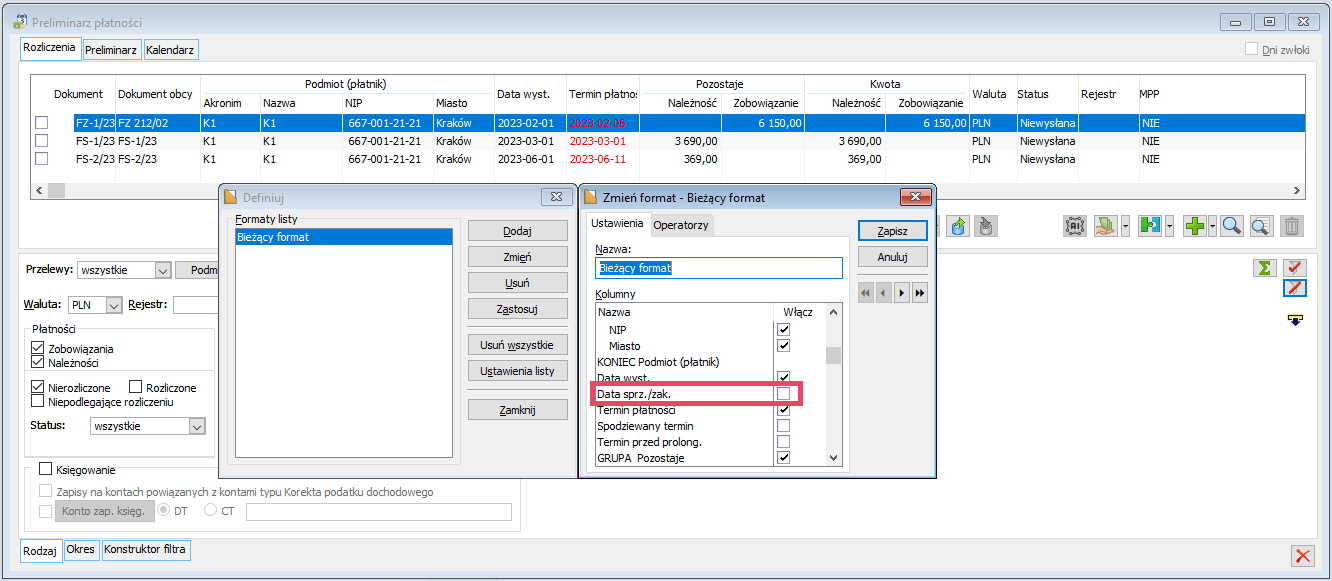 Preliminarz płatności – formaty listy – kolumna Data sprz./zak.